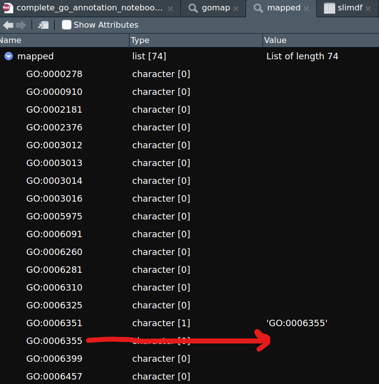 View of "mapped" list contents with red arrow showing that GO term "GO:0006355" doesn't map to itself.
