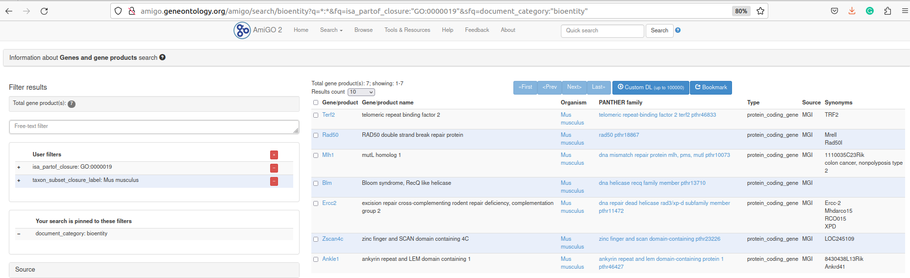 AmiGO results for GO:0000019 for Mus musculus