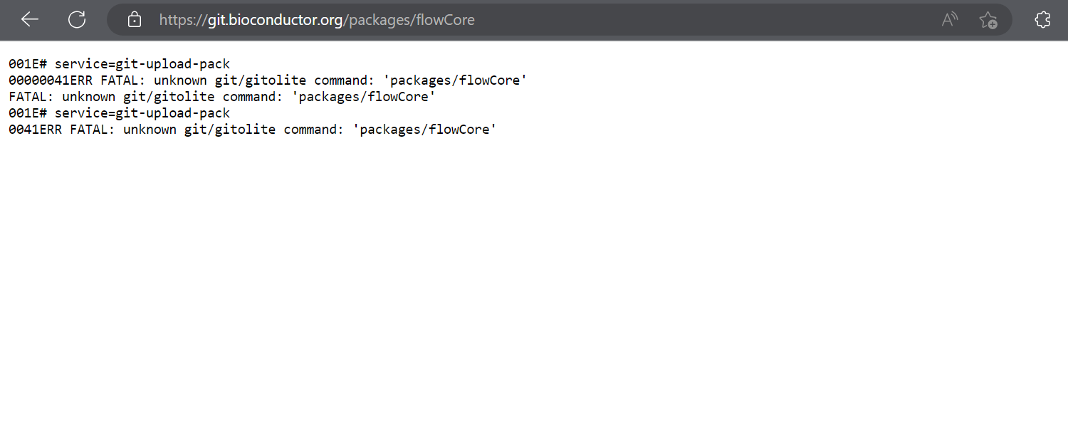 The error message I get while trying to open https://git.bioconductor.org/packages/flowCore